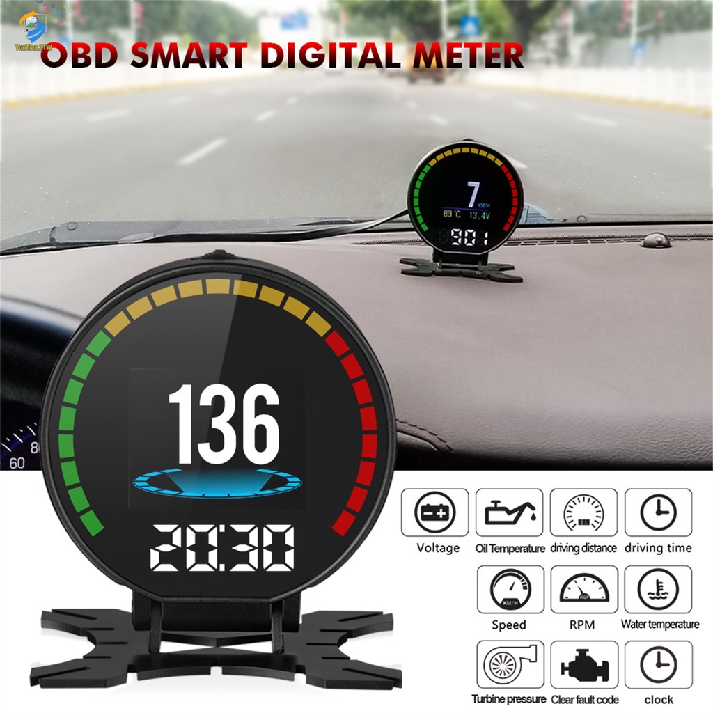 2yun P15平視顯示器汽車OBD2 HUD車速表超速警告數字空燃比渦輪壓力油水溫度計