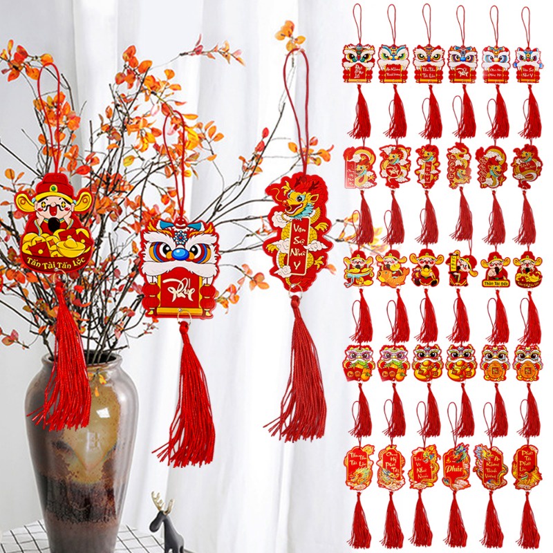 中國新年紅龍圖案祝福文字吊墜掛飾帶流蘇/紅色吊墜春節派對裝飾道具