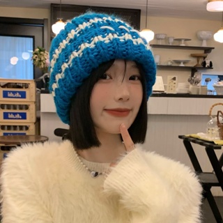 條紋針織帽 手工毛線帽 彩色漁夫帽 秋冬保暖帽子 韓國女士帽