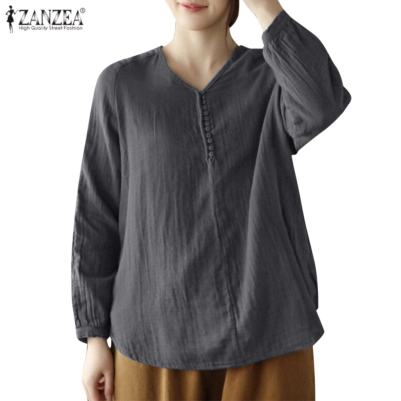 Zanzea 女式韓版純色 V 領長袖棉質襯衫