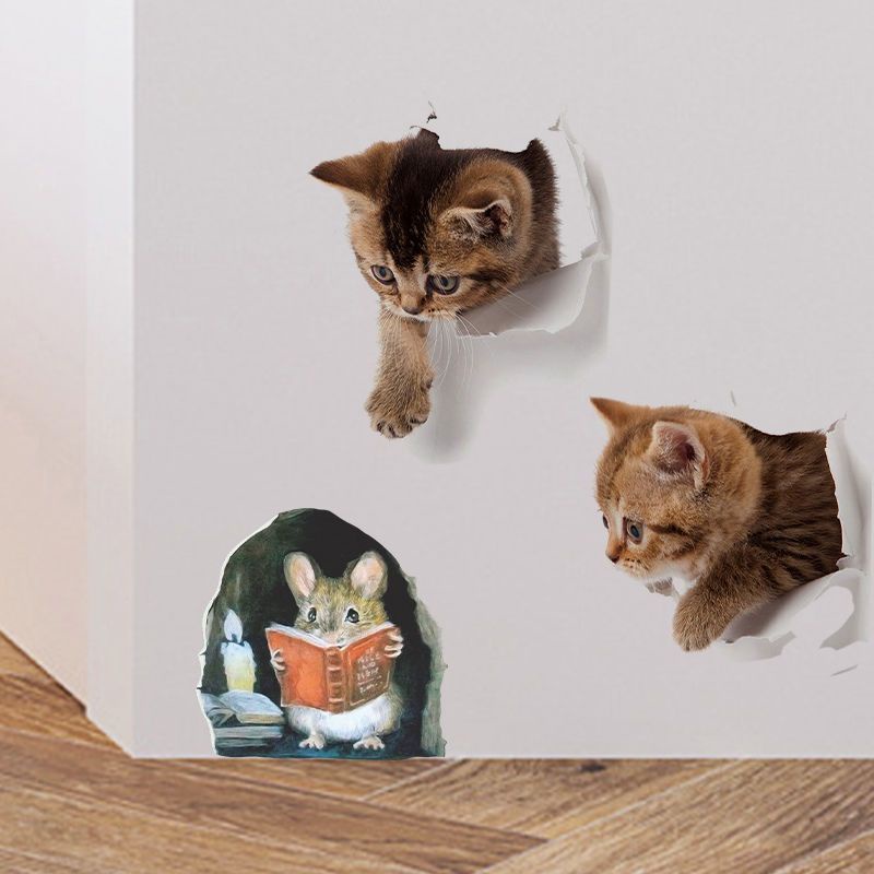 【可定制 高端大氣】立體3D視覺創意貼紙可愛仿真貓咪小老鼠房間牆角落裝飾品自粘壁畫