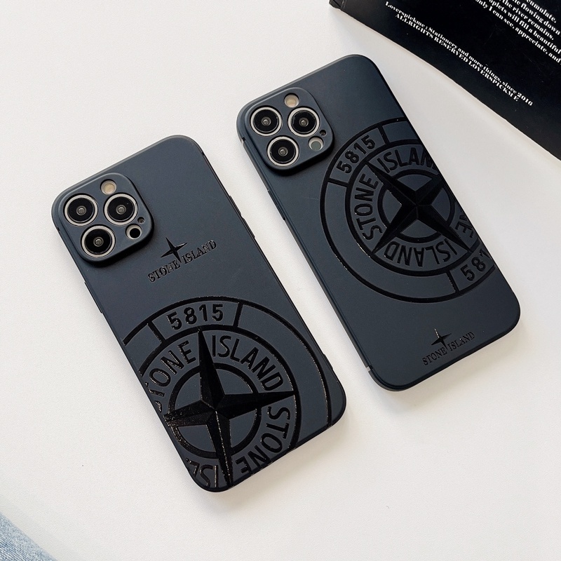 STONE ISLAND 時尚相框黑色深色紋理石島卡通磨砂手機殼適用於 iPhone 15 14 13 12 11 Pr