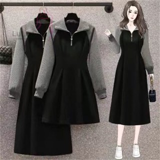 【秋季洋裝】大碼女裝撞色polo長袖連衣裙女秋季胖mm時尚收腰顯瘦氣質中長裙潮顯瘦連身裙洋裝大尺碼秋冬洋裝