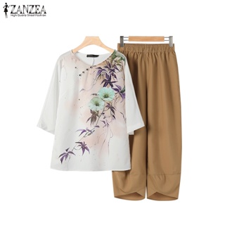 Zanzea 女式韓版休閒圓領裝飾鈕扣印花上衣和長褲