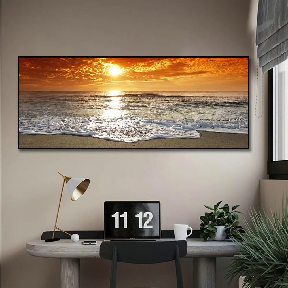 日落自然海海灘風景抽像海報和版畫帆布繪畫全景牆壁藝術圖片客廳裝飾
