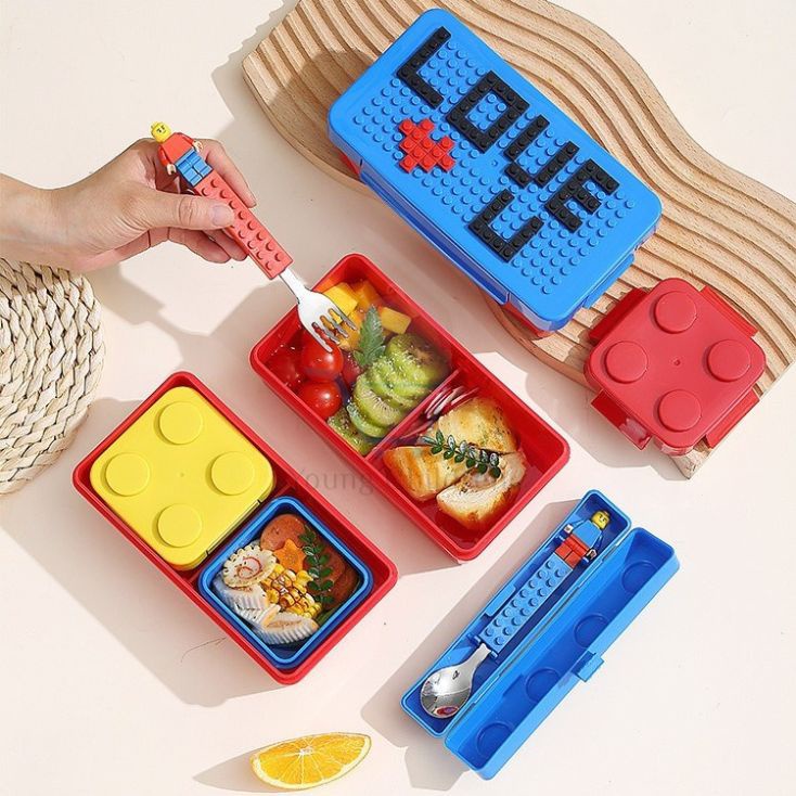 彩色積木便當盒飯盒帶午餐袋樂高拼接兒童便攜密封飯盒兒童學生