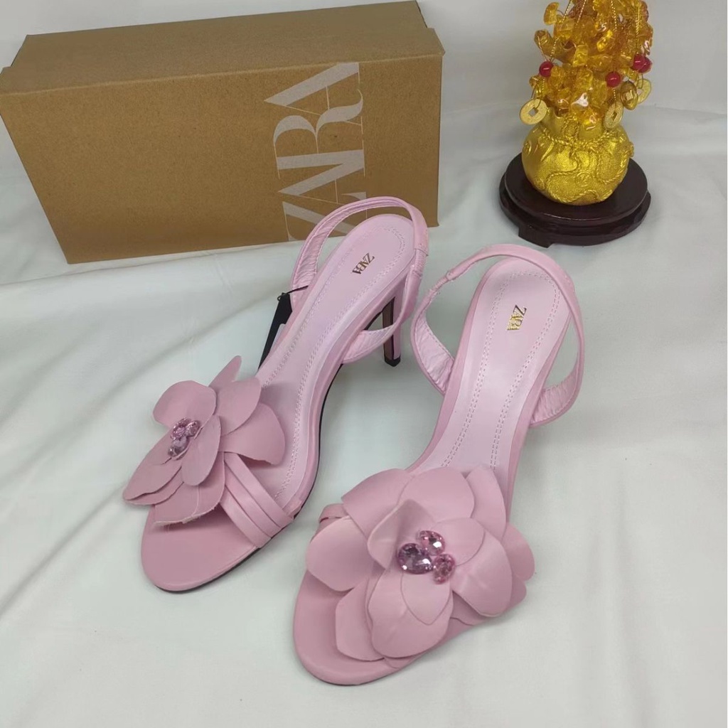 Zara新款女鞋玫瑰裝飾鑽石拖鞋飾品圓頭露趾高跟涼鞋修身高跟鞋