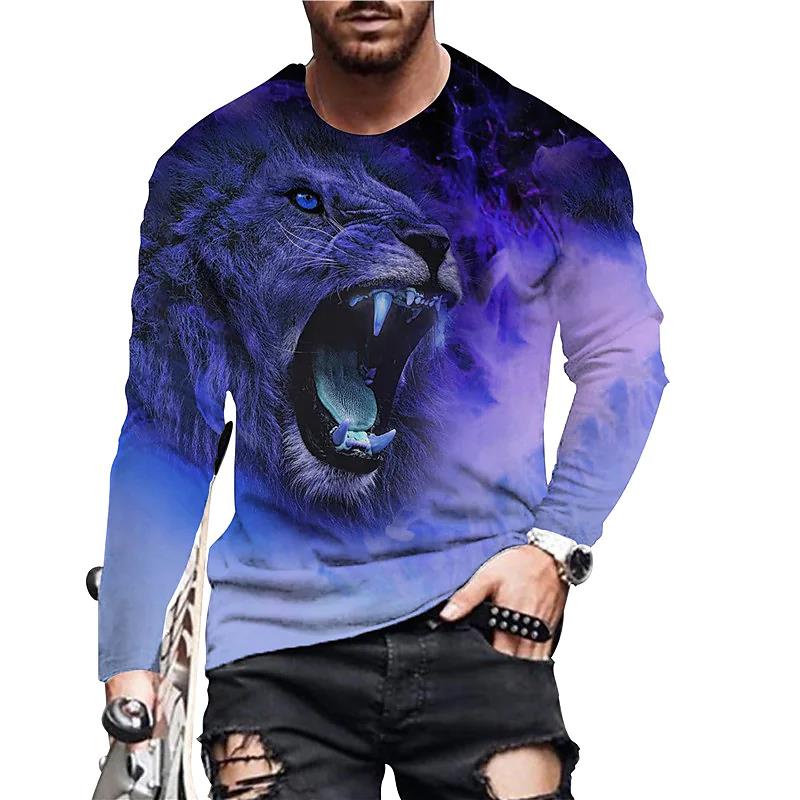 男士 3d 獅子印花長袖 T 恤圓領街頭運動衫加大碼服裝