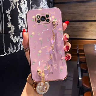 XIAOMI YBD 電鍍全屏花朵手機殼適用於小米 POCO X3 Pro POCO X3 NFC 帶四葉草手鍊
