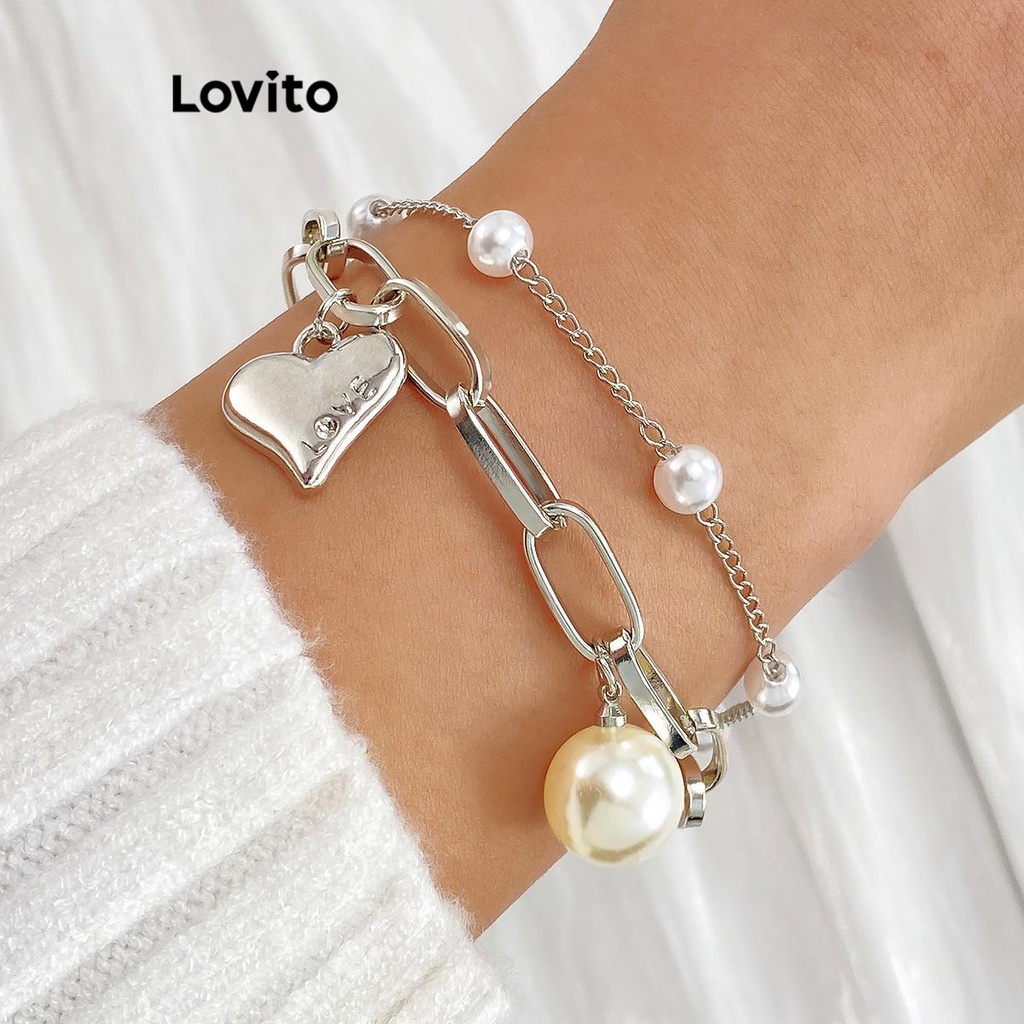Lovito 女士休閒心型珍珠手鍊 LCS05054