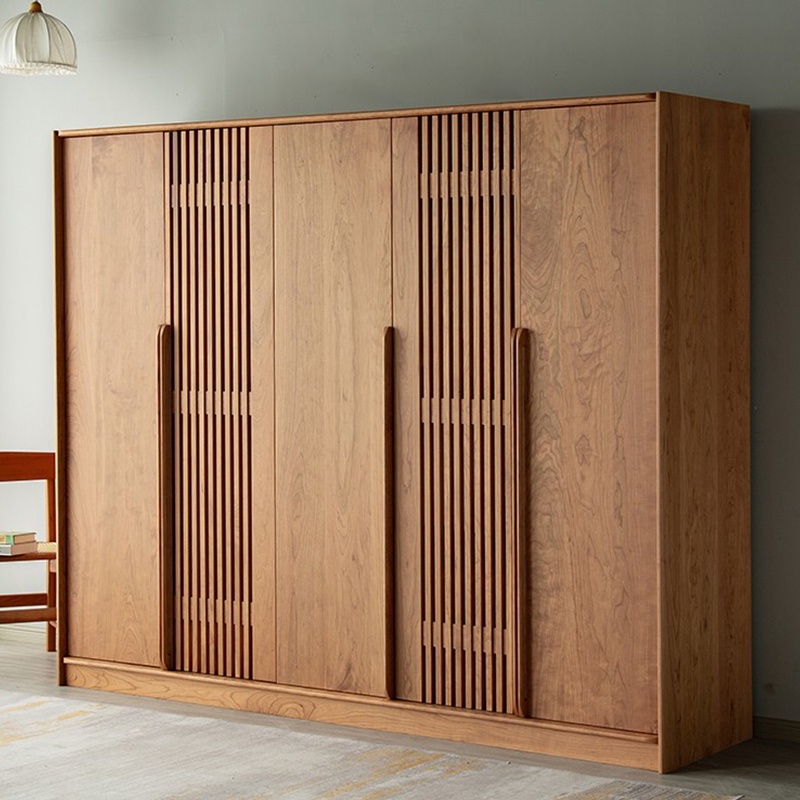 北歐實木格柵衣櫃卧室家用櫻桃木衣櫥日式原木橡木儲物櫃定製