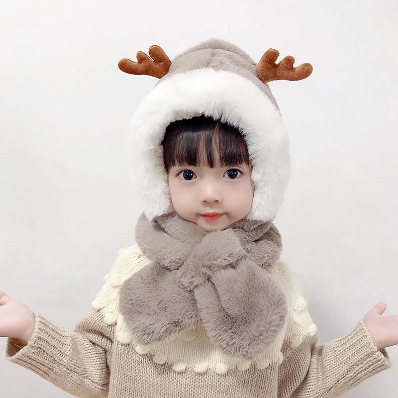 毛皮冬季嬰兒帽子圍巾一件式柔軟兒童帽女孩男孩卡通保暖頸耳嬰兒帽子