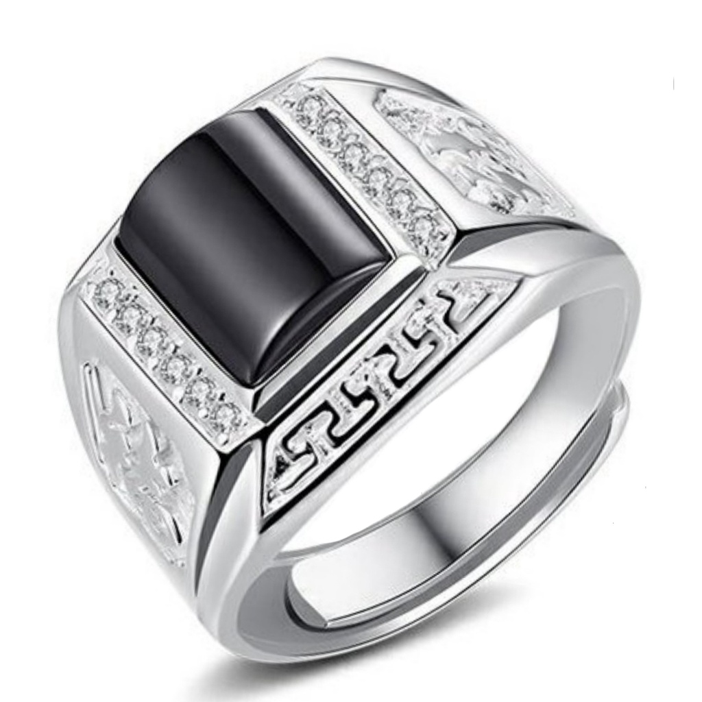 新款男戒指 尊貴大氣霸氣黑瑪瑙戒指食指 潮男時尚開口寬版黑鑽福字指環戒指