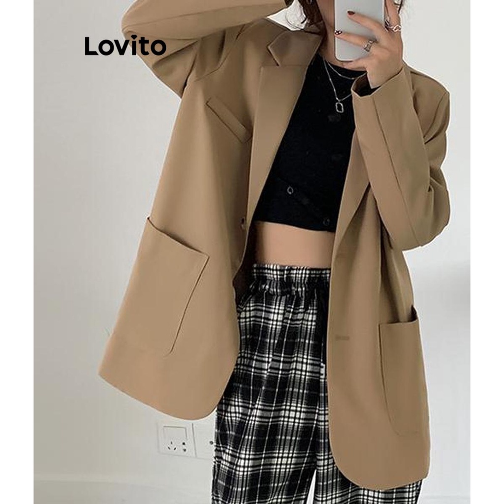 Lovito 女休閒素色口袋羈絆西裝外套 LNA39222 (卡其色/黑色)