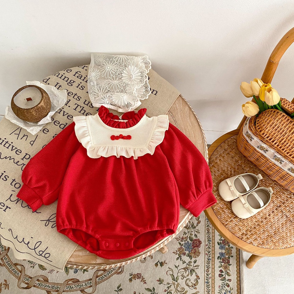 新年紅色嬰幼兒女童寶寶華夫格拼色長袖連身衣嬰幼兒公主服