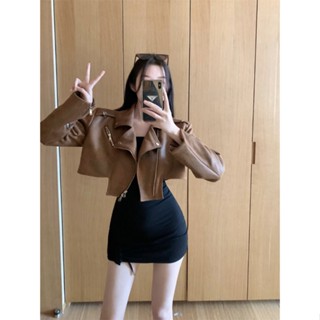 ♠皮衣翻領小個子機車皮夾克設計感拉鍊短外套女