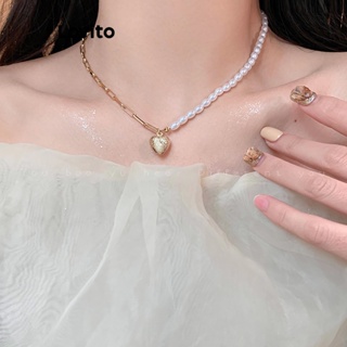 Lovito 浪漫心型珍珠不對稱鏈條復古時尚巴洛克輕奢女項鍊 LFA13658