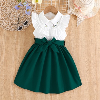 4-7歲女童連衣裙 娃娃領 翡翠綠洋裝 夏季女寶寶連身裙 幼童公主裙 嬰幼兒衣服 現貨童裝