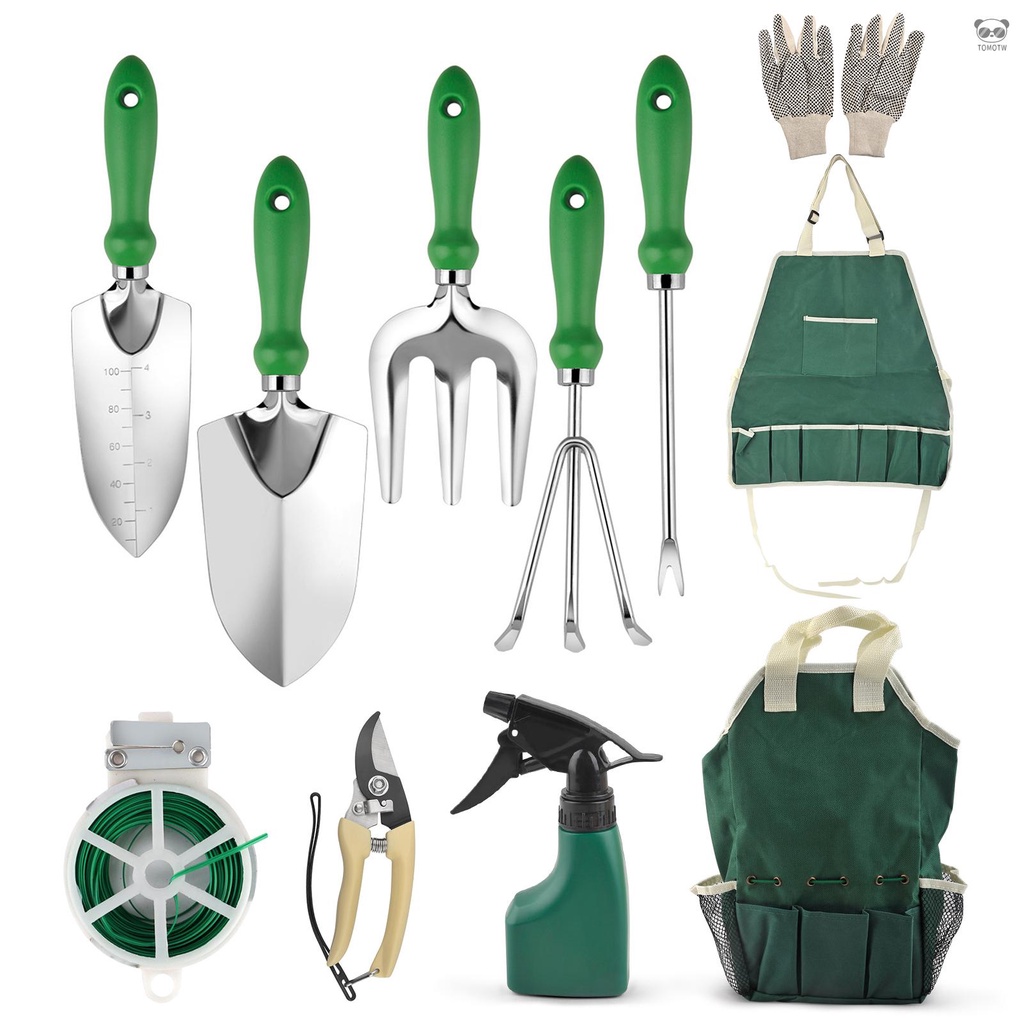 園林工具套裝11件套 包含2個鏟子+挑根器+耙子+三爪叉+圍裙+工具收納包+噴壺+修枝剪+1雙手套+綁枝線圈 綠色