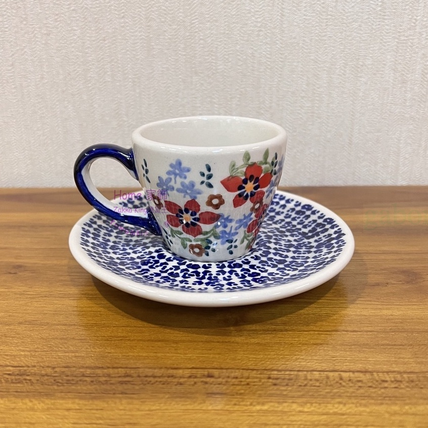 [HOME] 波蘭陶濃縮咖啡杯 濃縮杯 Espresso 鄉村藍印小紅花卉圖案 杯盤組 單杯+單盤 小咖啡杯