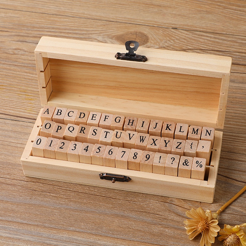 42枚 盒裝 打字機字體 字母數字 木製印章 信箋手帳 裝飾DIY 經典 原木色 英文字母數字 木質印章 木盒裝 套裝