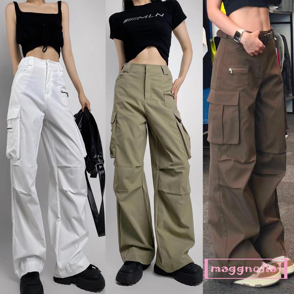 Maggnolia-女式寬鬆工裝長褲純色降落傘休閒工作寬鬆高腰褲帶口袋