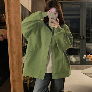 大尺碼女裝 棒球服外套女 新款中長款寬鬆綠色長袖夾克