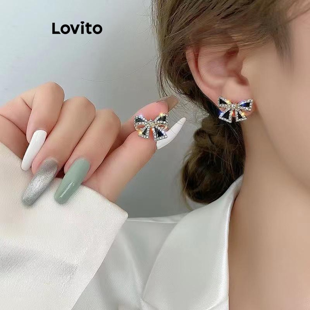 Lovito 女士休閒素色蝴蝶結水鑽耳環 LFA08098 (金色)
