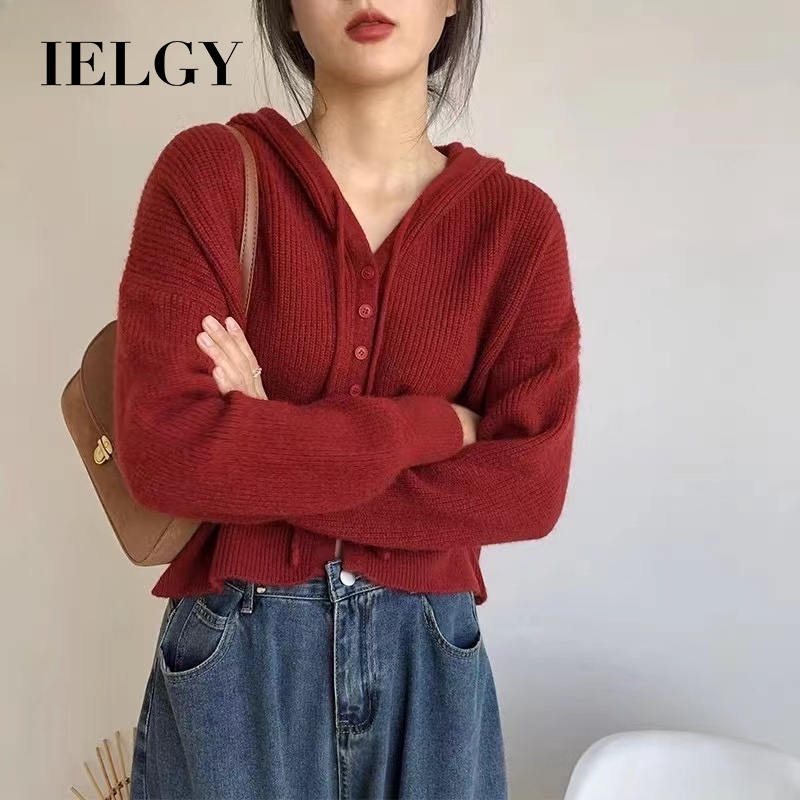 IELGY  女版溫柔風格寬鬆針織連帽小外套外套新款