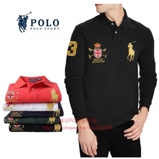 【歐美服飾】美國Polo 拉夫勞倫 皇冠國旗大馬標刺繡 長袖Polo衫 商務休閒上衣 男款打底衫 男士翻領tee