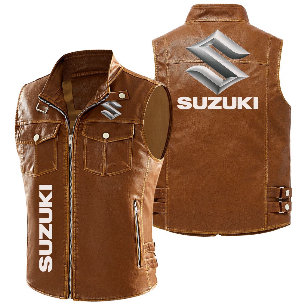 Suzuki車標機車馬甲 皮衣馬夾 pu工裝馬甲 摩托騎行外套 騎士服