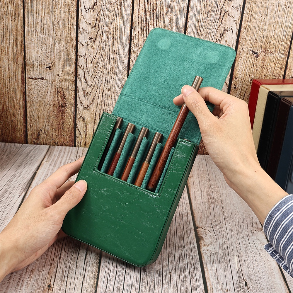 復古植鞣牛皮筆袋6支裝手工磁吸筆盒商務辦公簽字筆鋼筆收納盒