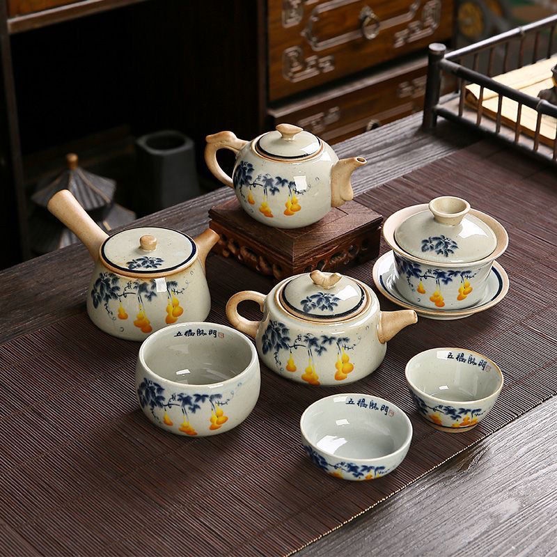 【超值茶具】粗陶側把壺復古手繪茶壺蓋碗功夫茶具配件套裝原礦紫砂開片可養壺 9Q1R