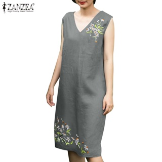 Zanzea 女式韓版休閒寬鬆無袖 V 領刺繡棉質連衣裙
