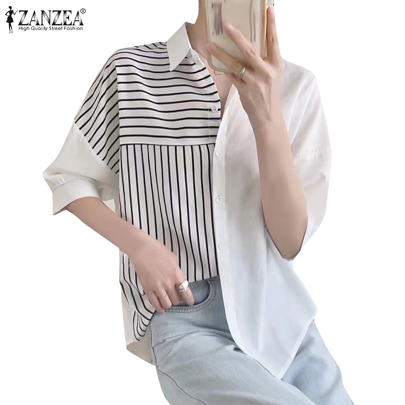 Zanzea 女式韓版時尚簡約 3/4 袖拼布拼色條紋襯衫
