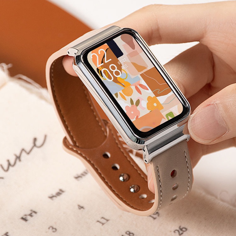 Xiaomi 手環 8 Active 皮革錶帶 红米手环2 錶帶 雙釘錶帶+金属框