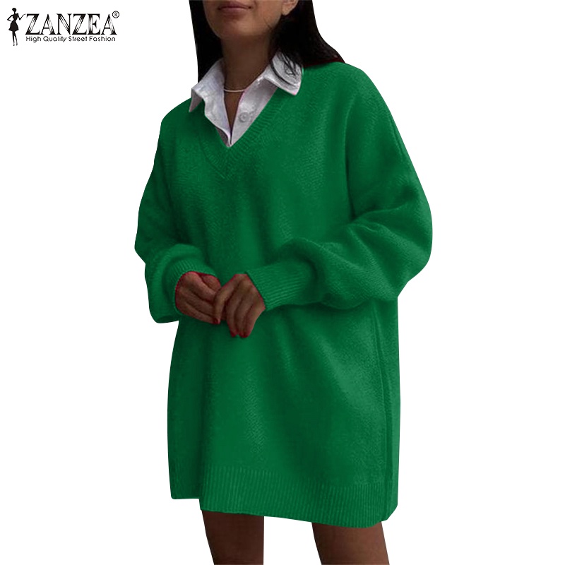 Zanzea 女士復古時尚 V 領長袖露肩寬鬆純色毛衣