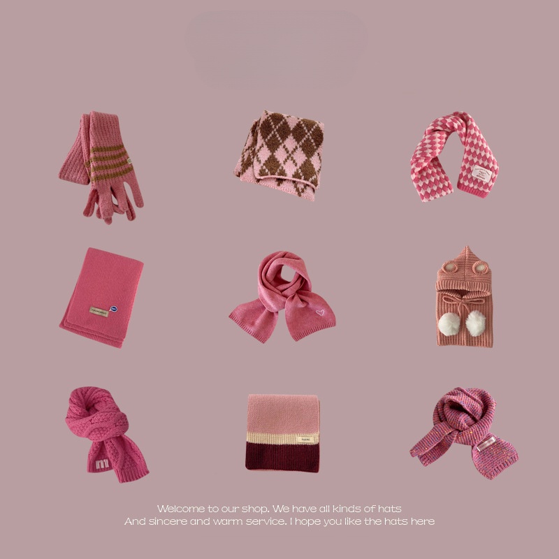 韓系粉色圍巾兒童可愛卡通甜美毛絨保暖圍巾復古針織刺繡圍巾