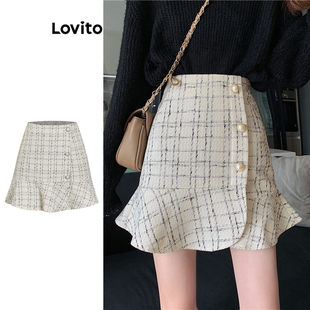 Lovito 女式可愛格紋雙層荷葉邊短裙 L73AD119