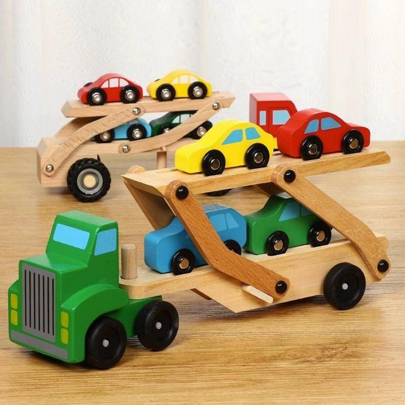 木質汽車玩具 益智玩具 木質雙層運載車模型玩具 木製老爺汽車玩具 木頭車模玩具4到6歲