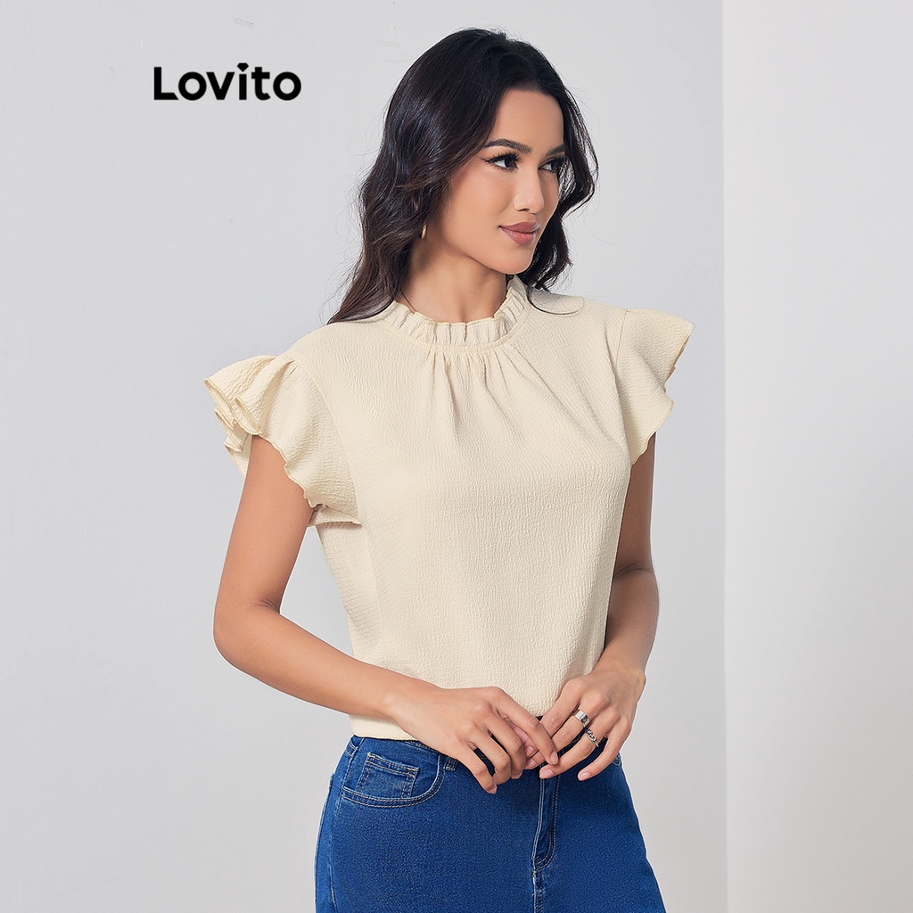 Lovito 波西米亞女式素色生菜飾荷葉邊襯衫 LBL07224