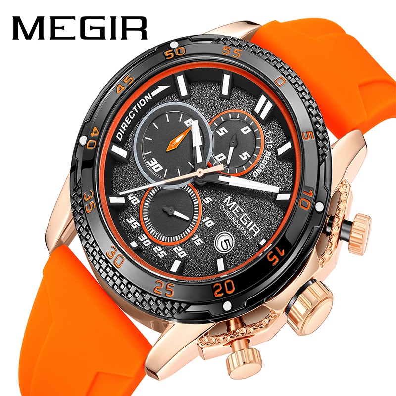 MEGIR品牌新款男士手錶  多功能計時三眼矽膠錶帶防水夜光日曆男士石英手錶  2211G