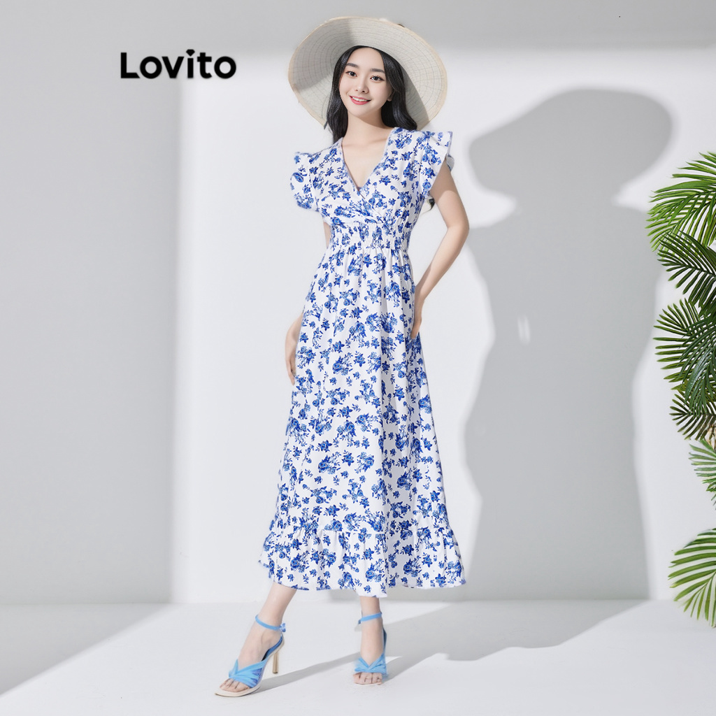 Lovito 波西米亞  女式花朵荷葉邊下擺縮褶連身裙 LBL07198