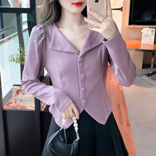 紫色襯衫女優雅修身針織衫洋氣卡腰小衫長袖襯衫女短款襯衫不規則襯衫法式泡泡袖上衣大尺碼襯衫韓版襯衫