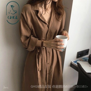 【GHGl】抽繩襯衫裙女素色裙子2023春季新款韓版寬鬆學生法式名媛洋裝潮