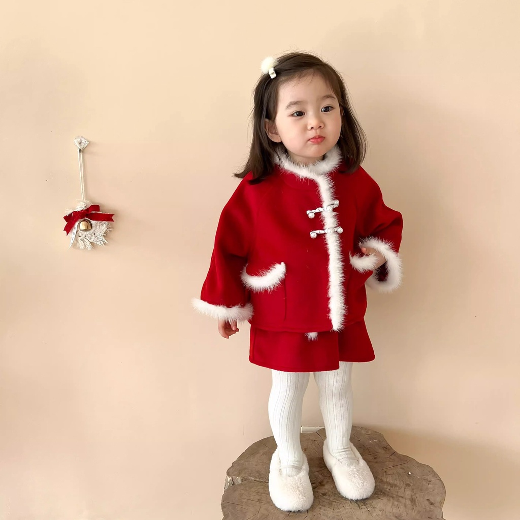 女童拜年服冬裝兒童中國風新年喜慶過年衣服寶寶毛呢套裙
