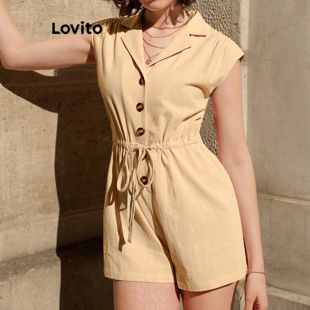 Lovito 女款休閒素色扣環前抽繩連身褲 LBL06013 (卡其色)