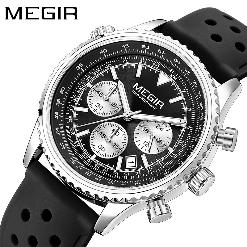 MEGIR男士手錶 時尚多功能超薄商務風格矽膠錶帶防水夜光日曆男士石英手錶