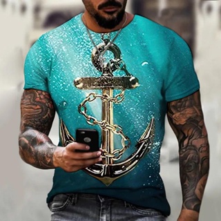 船錨男士 T 恤夏季復古短袖上衣 T 恤超大街頭裝復古船視力印花 T 恤服裝