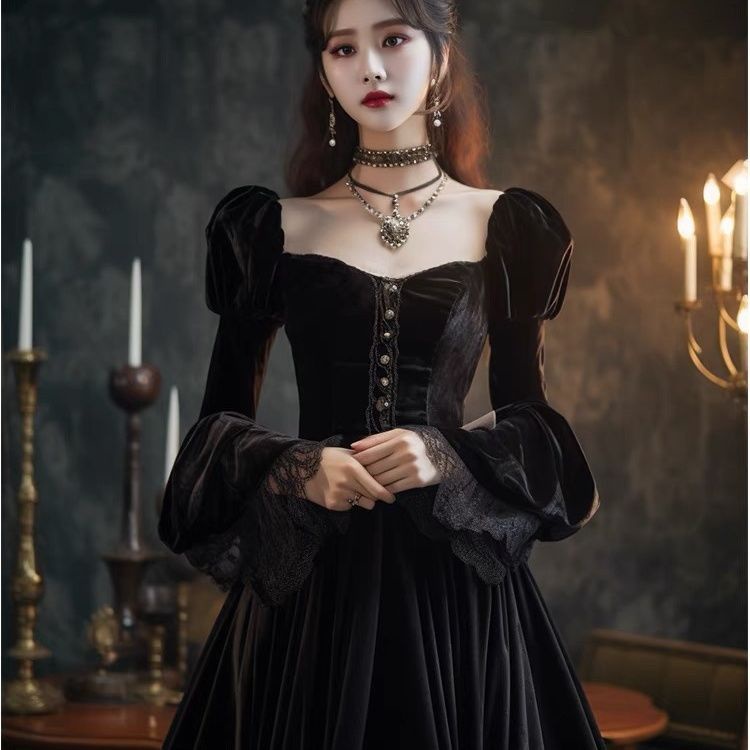 【春季上新】洋裝洋裝 法式宮廷風復古洋裝黑色絲絨禮服